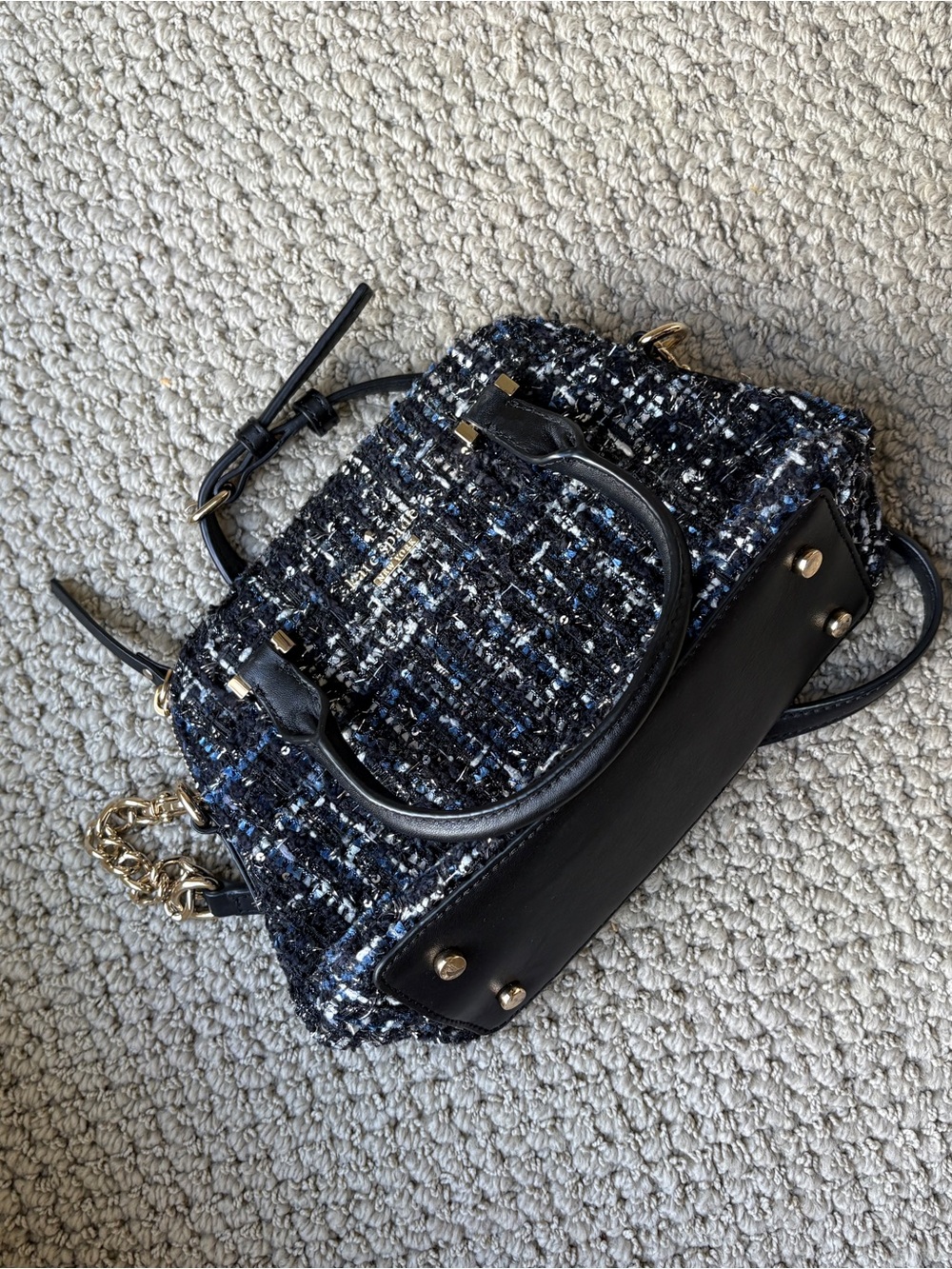 Tweed Satchel Handbag in Black and Blue - Kate Spade